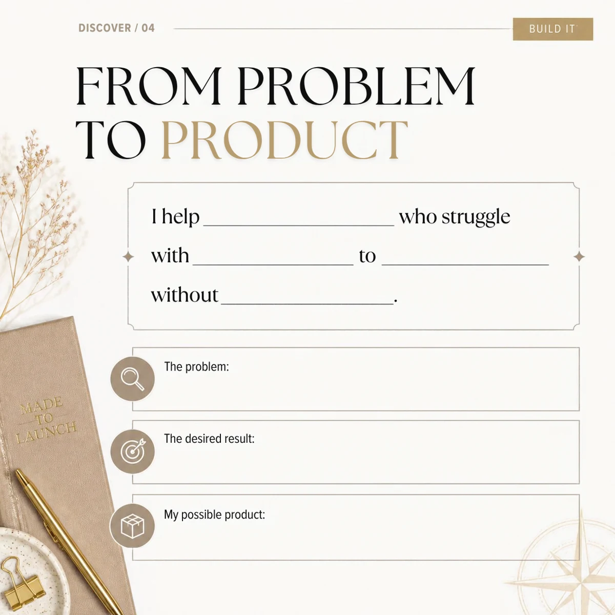 From Problem to Product worksheet — define your buyer, their problem, desired result, and possible product