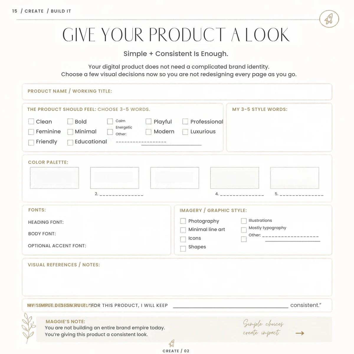 Give Your Product a Look worksheet — product style, color palette, fonts, and imagery choices