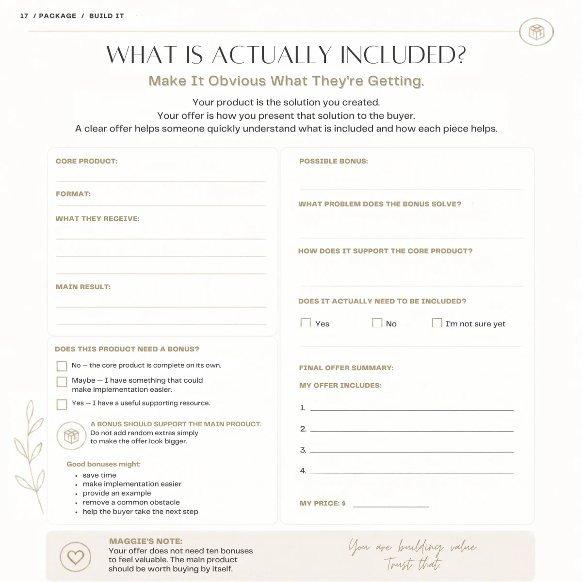 What Is Actually Included? worksheet — core product, offer contents, optional bonus considerations, and offer summary